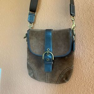 Coach Suede Crossbody Purse Bag Brown and Gold Buckle